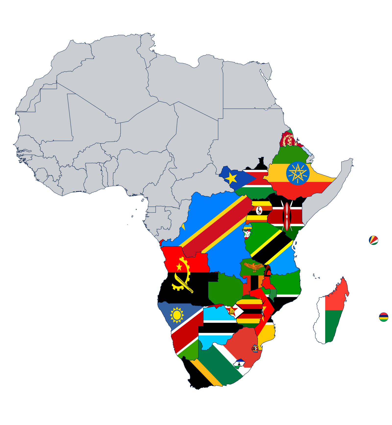 Map of Eastern and Southern Africa with ESAAMLG member jurisdictions shown in their national flag colours
